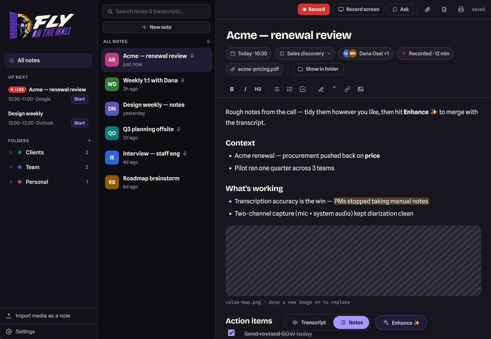 The same meeting note in dark theme
