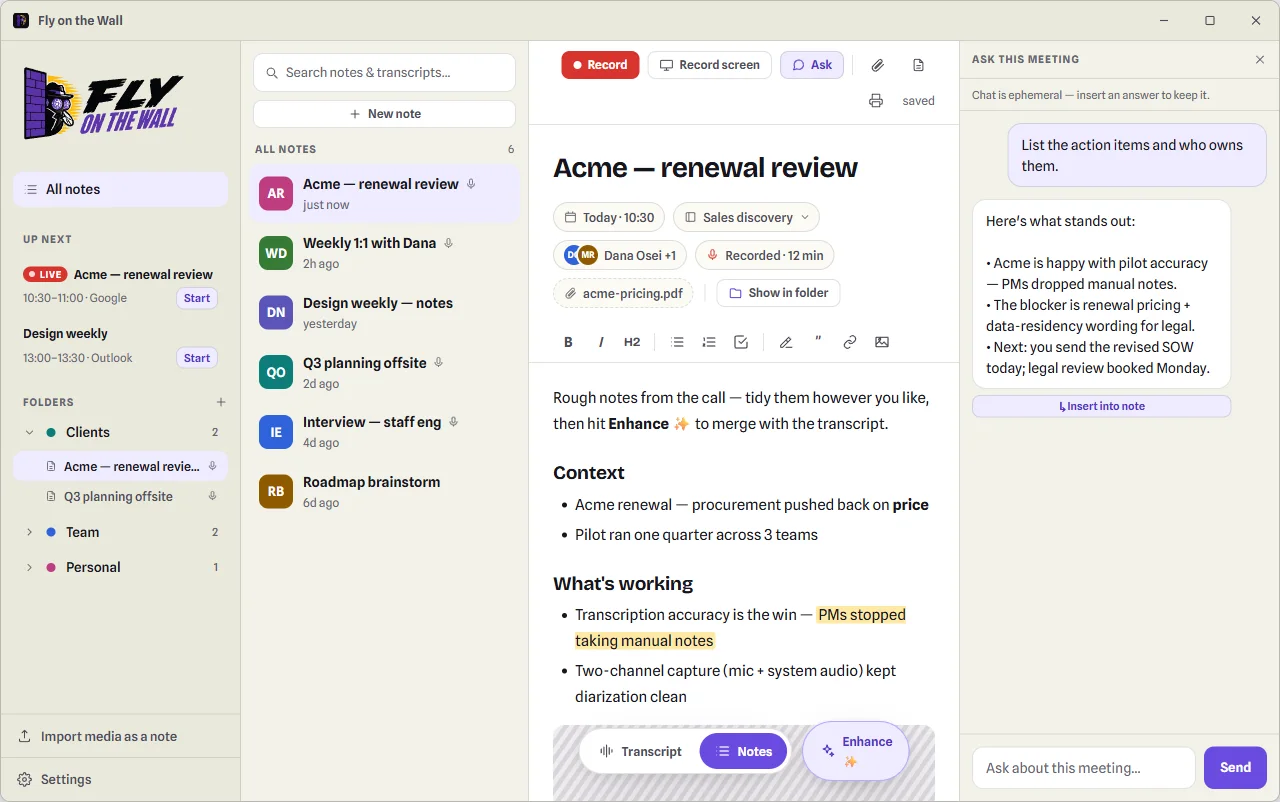 The Ask panel beside a note: a question about action items, a grounded answer, and an Insert into note button