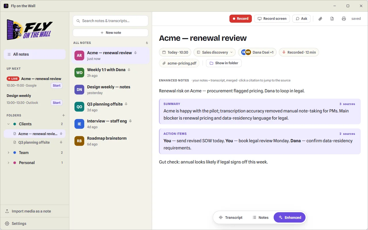 Enhanced notes: the user's own lines in plain text, AI summary and action-item blocks tinted violet with citation chips showing their transcript sources