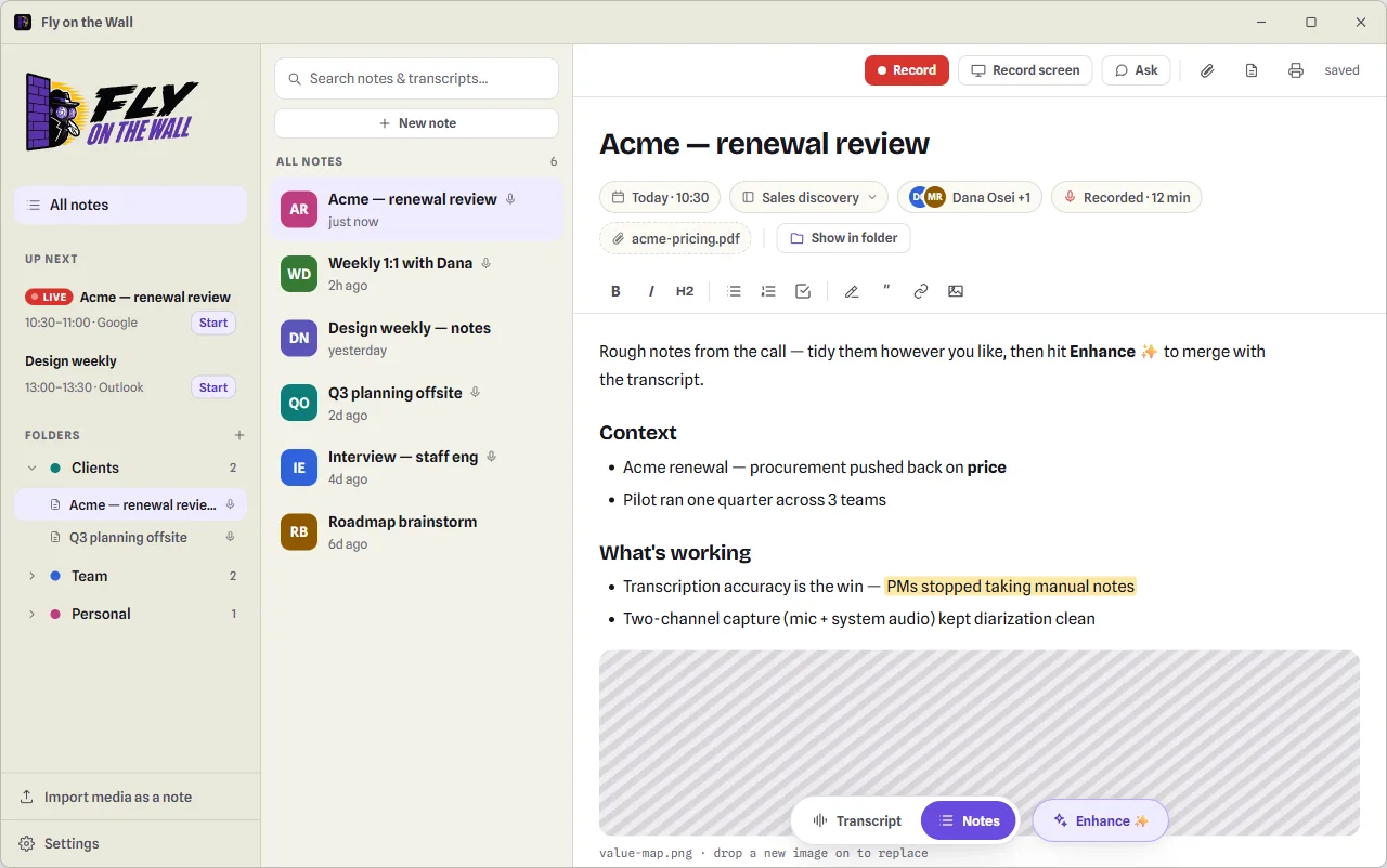 The Fly on the Wall main window: a meeting note with rich-text notes, action-item checkboxes, folders with upcoming calendar meetings, and a floating Transcript / Notes / Enhance switcher