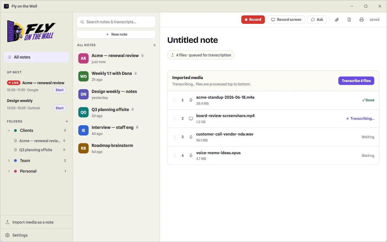 The import queue: four audio and video files staged for transcription, one done, one transcribing, two waiting, with drag handles to reorder