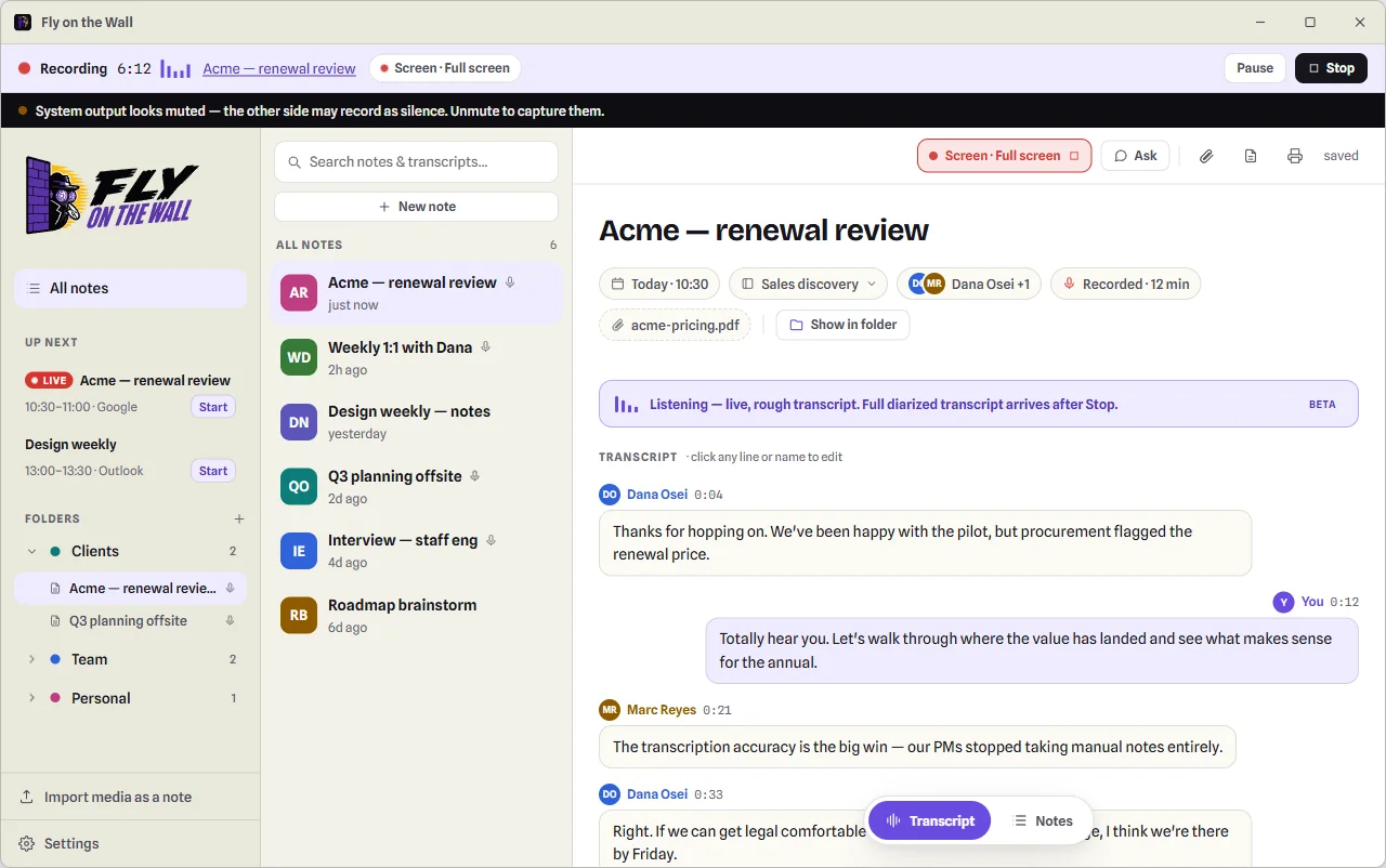 Recording in progress: a pinned recording bar with pause and stop, live rough transcript filling in, and a warning that system output looks muted