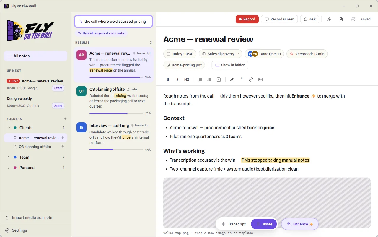 Semantic search results for 'the call where we discussed pricing' with matched snippets and relevance meters across notes and transcripts