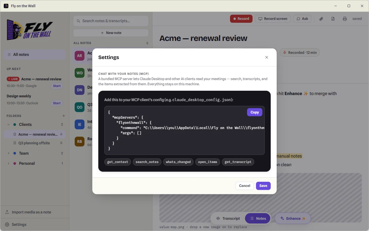 MCP settings: a copyable Claude Desktop config snippet and the server's tools — get_context, search_notes, whats_changed, open_items, get_transcript