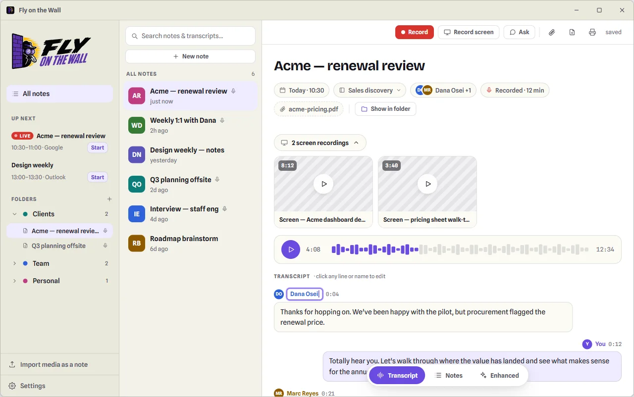 A diarized transcript with three color-coded speakers, timestamps, a scrubbable waveform, playable screen-recording tiles, and an inline speaker-rename field
